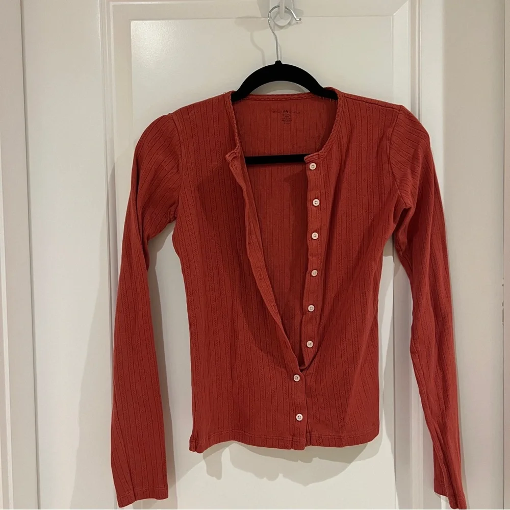 Brandy Melville Red Pointelle Button-Up Top - Picture 3 of 5